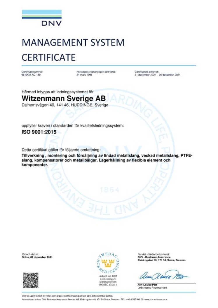 ISO 9001:2015 Certifikat Witzenmann Sverige 